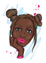 Beautiful black girl with buns and bow on her head. Fashion and style, clothing and accessories. Summer. Vector illustration for postcard or poster, print for clothing and accessories