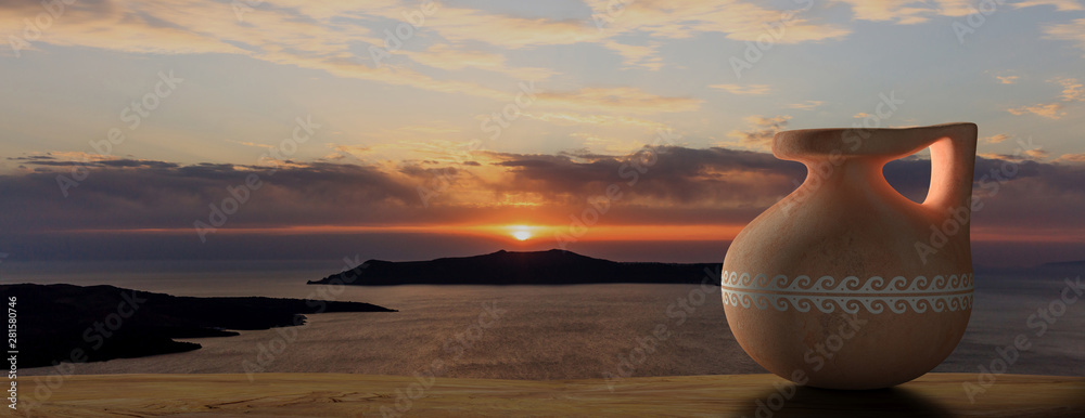 Ceramic ancient greek small pot with handle and Santorini island sunset, banner. 3d illustration - obrazy, fototapety, plakaty 