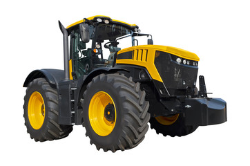 Big yellow agricultural tractor isolated on a white background