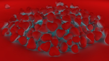 Poster - 3D illustration of a variety of objects of round shape, red highlighted below in blue and yellow. 3D rendering of abstract monotonous background, futuristic design. Depression.