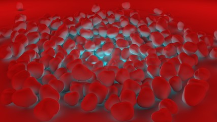 Poster - 3D illustration of a variety of objects of round shape, red highlighted below in blue and yellow. 3D rendering of abstract monotonous background, futuristic design. Depression.