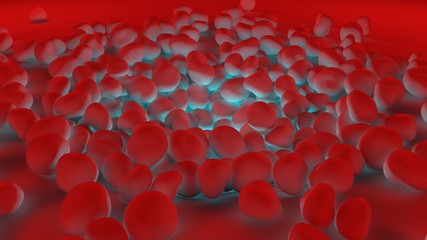 Poster - 3D illustration of a variety of objects of round shape, red highlighted below in blue and yellow. 3D rendering of abstract monotonous background, futuristic design. Depression.