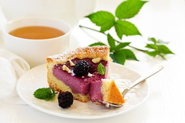 Wall Mural - Blueberry cheesecake without baking, with blueberries and blackberries.