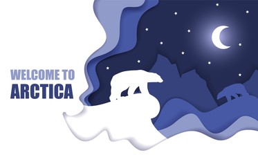 Welcome to Arctic poster, vector paper cut illustration