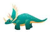 Fototapeta  - Blue cute triceratops with big eyes full length in profile with white horns and a crest, cartoon style, on a white background, isolated.