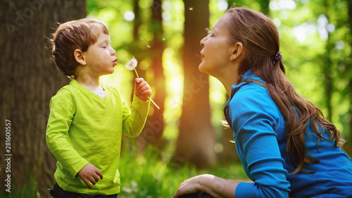 Leinwand Poster  Little boy blowing dandelion.
