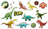 Fototapeta Dinusie - A large set of several dinosaurs, dinosaur footprints, the word DINO, drawn in one style, color, for the decoration of textiles, children's books. On a white background, isolated. Cute fossil animals 