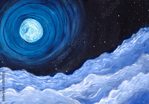 Fotomural Moon in clouds background in gouache