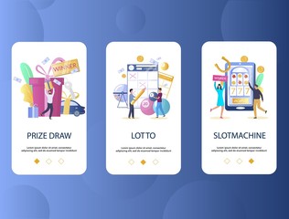 Prize draw, Lotto, Slot machine mobile app onboarding screens. Menu banner vector template for website and application development. Gambling industry concept