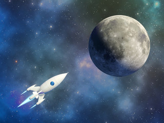 Poster - Space rocket flies to the moon on the background of a beautiful starry sky. Multicolored space nebula. 3D rendering.