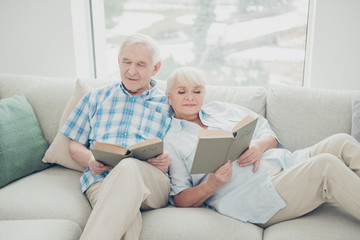 Poster - Portrait of her she his he two nice attractive focused concentrated peaceful calm spouses sitting on divan reading new interesting book in light white interior living-room indoors