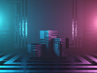 Abstract podium, pedestal or platform - a cubes with Sci-Fi texture on a dark futuristic background. The concept of the city or the interior of the future. 3d rendering