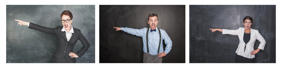 Wall Mural - Set of angry screaming people pointing out on blackboard