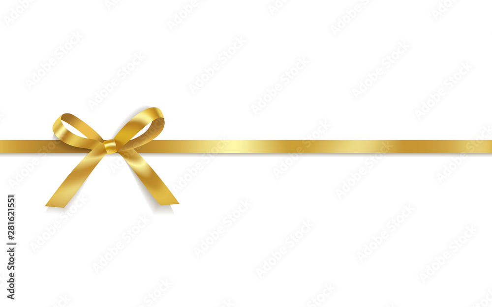 Golden satin bows with horizontal ribbon isolated on white background. Vector holiday decoration. - obrazy, fototapety, plakaty 