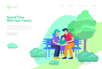 Landing page template with People Spending Time, Relaxing on Nature, family with child reading book. Cartoon illustration