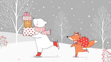 Draw Polar Bear Holding Gifts And Fox With Bag Gift In Snow.