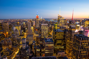 Poster - View of Manhattan skyline after sunset, New York City