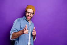 Portrait Of His He Nice Attractive Confident Content Cool Cheerful Cheery Glad Bearded Guy Pointing Two Forefingers At You Flirting Isolated Over Bright Vivid Shine Violet Lilac Background