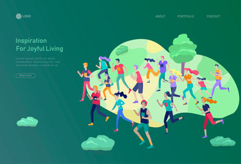 Landing page template with running group People, man doing workout, couple running. Healty life concept. People performing sports outdoor activities. Cartoon illustration