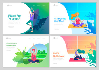 Web page design template with Man and woman meditate, sitting in yoga posture at home and at outdoor. Practice yoga lesson on nature. Mental health concept. Vector illustration cartoon