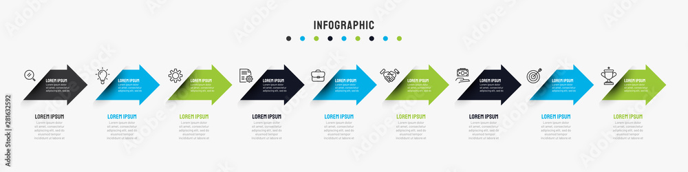 Business timeline infographics template with 7, 8, 9 options, steps, arrow, icons, flowchart, presentations, workflow. Vector eps10 illustration. - obrazy, fototapety, plakaty 
