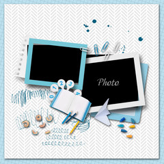 Wall Mural - Frame for school album photos in scrapbook style. Yellow and blue stationery items. Back to school background, banner with copy space. Office objects with yellow and blue accents on light background