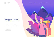 landing page template. People characters woman for hiking and trekking, holiday travel vector, hiker and tourism illustration. Happy Tourists travelling. Vector cartoon style illustration