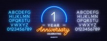 First Year Anniversary Celebration Neon Sign On A Dark Background.