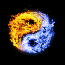 Fire Yin Yang Symbol, Orange And Blue,isolated On Black Background