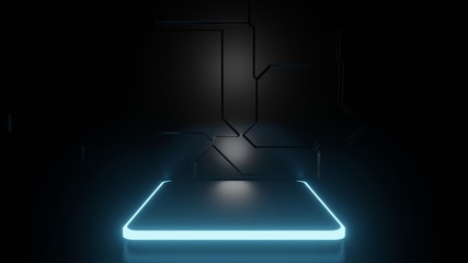 Wall Mural - 3D Rendering of modern futuristic empty rectangle podium pedestal with blue neon led light, reflection on floor and dark sci fi background. For technology product display