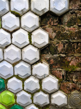 Hexagonal Shaped Old Plain Green White Tiles, Creating A Ceramic Pattern.