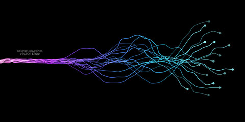 ai artificial intelligence wave lines neural network purple blue and green light isolated on black b