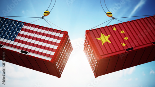 Photo Trade wars concept with American and Chinese flag textured cargo containers clashing
