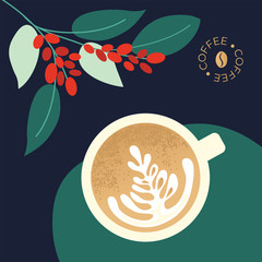 Wall Mural - Vector illustration of cup of cappuccino and branches of coffee plant with leaves and berry. Design for coffee house. Logo with coffee bean. Template for banner, poster, blog, booklet, prints, flyer.