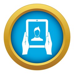 Poster - hands holding a tablet with photo icon blue vector isolated on white background for any design