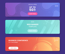 Colorful Web Banner With Push Button. Collection Of Horizontal Promotion Banners With Gradient Colors And Abstract Geometric Backdrop.Header Design. Vibrant Coupon Template. Vector Eps 10