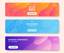 Colorful Web Banner Concept With Push Button. Collection Of Horizontal Promotion Banners With Gradient Colors And Abstract Dynamic Shapes. Header Design For Website. Vibrant Background.