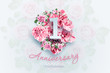 Creative background lettering 1 numbers and anniversary celebration text on pink flowers background. Anniversary concept, birthday, celebration event, template, flyer
