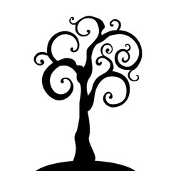 Wall Mural - Vector silhouette of a tree with elegantly swirling branches isolated on a white background.