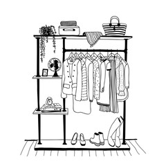 Outline drawing of clothes hanger in the interior of the room, sketch by hand with contour lines. Vector illustration