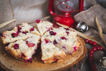 Wall Mural - Cranberry Bar Tart on Wooden Slice, Holiday Dessert