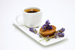 Morning cup of coffee with sweets and lavander decoration