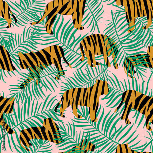 Cuadros en Lienzo Vector illustration of tigers with tropical leaves and exotic plants on a pink background