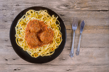 Wall Mural - Spaghetti and meatballs with tomato sauce. Top view