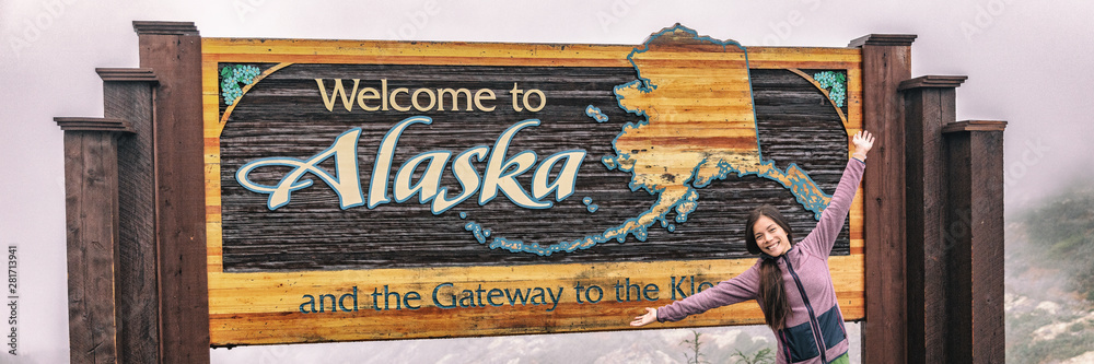 Alaska last frontier border sign tourist chinese woman cruise ship ...