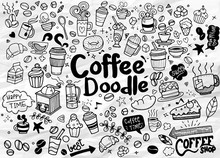 Set Of Hand Drawn Coffee And Delicious Sweets . Vector Illustrat