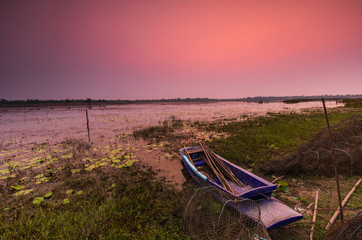 Beautiful sunset on the marsh in countryside of Thailand.