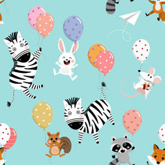 Happy mouse, rat, zebra, squirrel, raccoon, fox, rabbit and balloons seamless pattern