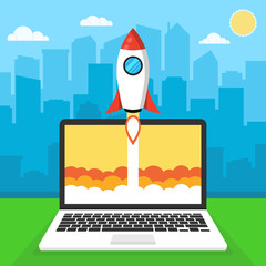 Poster - Successful startup business concept. Flat vector illustration with rocket launch and cloud, sun, city skyscrapers and laptop on the background. A