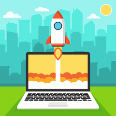 Poster - Successful startup business concept. Flat vector illustration with rocket launch and cloud, sun, city skyscrapers and laptop on the background. A